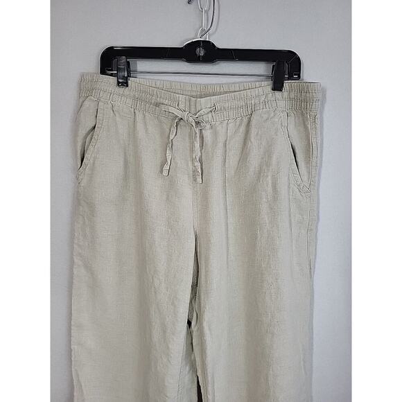 LL Bean Wide Leg Linen Pants Women 14 Tan Drawstring Elastic Waist Beach Coastal - Picture 4 of 11